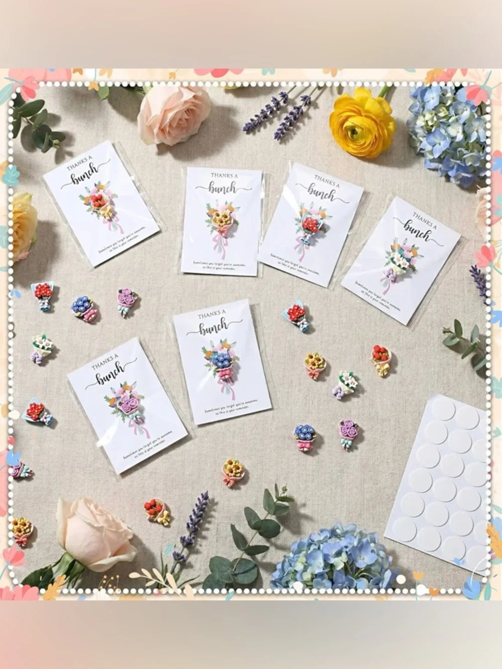 (10) Thanks a Bunch Cards With Mini Resin Flower Bouquet Pocket Hugs